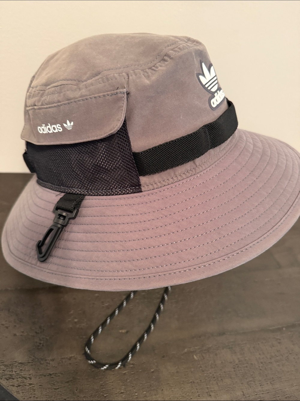 Adidas Mens Gray Bucket Hat with Black Strap & Logo